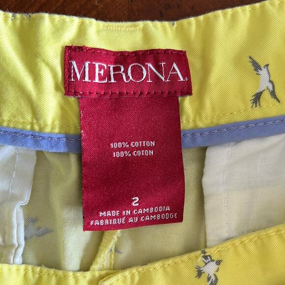 Merona Size 2 Yellow Bird Print Bermuda Shorts Belted Novelty Print Long - Picture 4 of 9